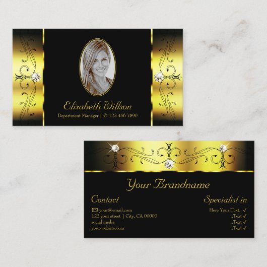 Glamoureus Gold Black Squiggins met foto's Visitekaartje (Voorkant / Achterkant)