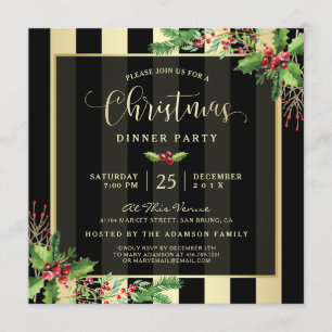 Glamoureus Gold & Black Stripe Holiday Party Invit Kaart