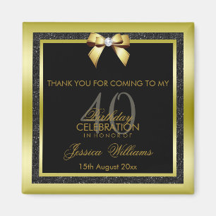 Glamoureus Gold Bow & Black Glitter 40th Birthday Magneet