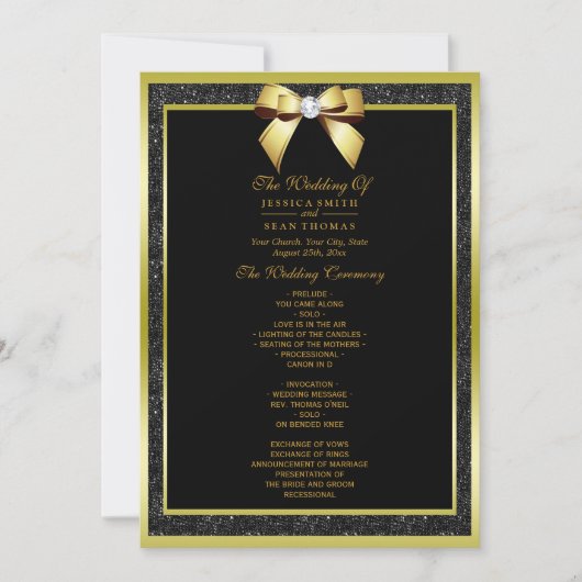 Glamoureus Gold Bow & Black Glitter Wedding Progra Kaart (Voorkant)