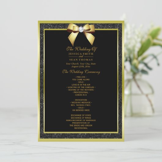 Glamoureus Gold Bow & Black Glitter Wedding Progra Kaart (Staand voorkant)