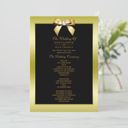 Glamoureus Gold Bow & Black Wedding Program Kaart (Staand voorkant)