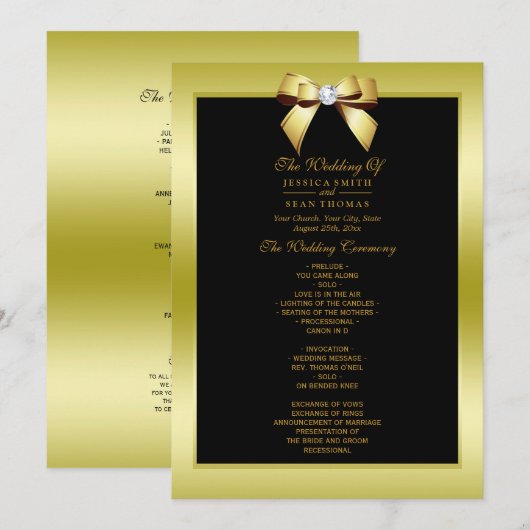 Glamoureus Gold Bow & Black Wedding Program Kaart (Voorkant / Achterkant)