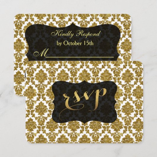 Glamoureus Gold Damask Gold Foil Weddenschap RSVP (Voorkant / Achterkant)