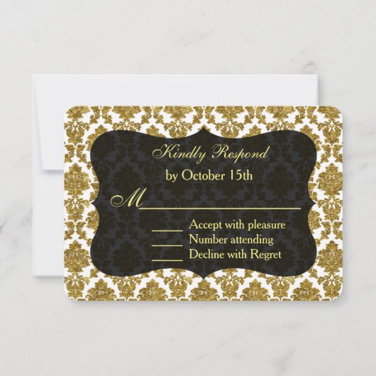Glamoureus Gold Damask Gold Foil Weddenschap RSVP (Achterkant)