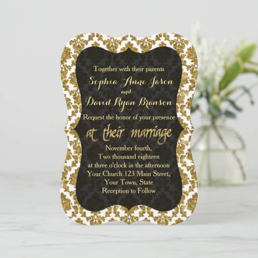 Glamoureus Gold Damask Gold Foil Weduwuitnodiging Kaart (Staand voorkant)