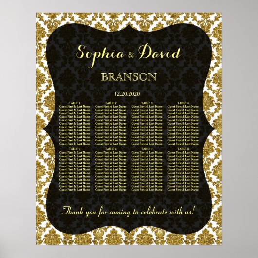 Glamoureus Gold Damask Wedding Seding Chart Poster (Voorkant)