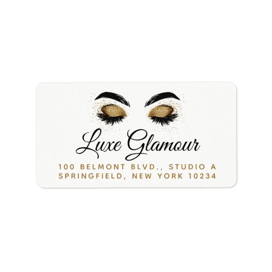 Glamoureus Gold Eye Lashes Brows Makeup Bar Addres Etiket (Voorkant)