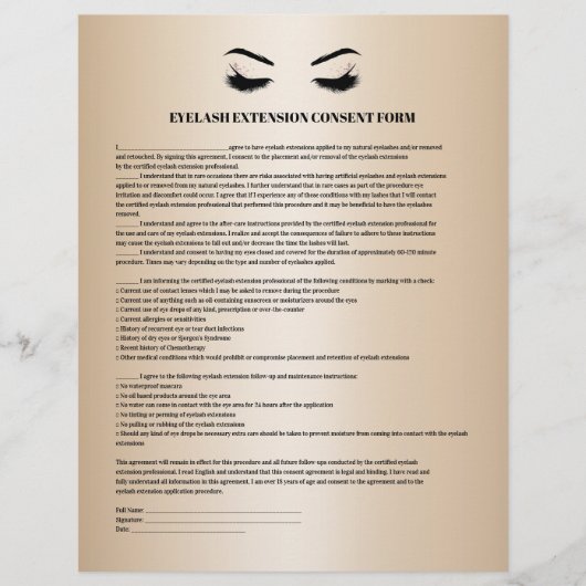 Glamoureus Gold EYELASH EXTENSION CONSENT FORM Flyer (Voorkant)