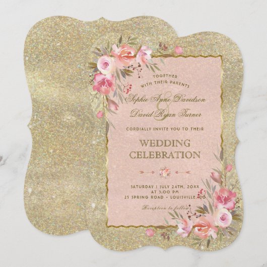 Glamoureus Gold Glitter Blush Floral Wedding Kaart (Voorkant / Achterkant)