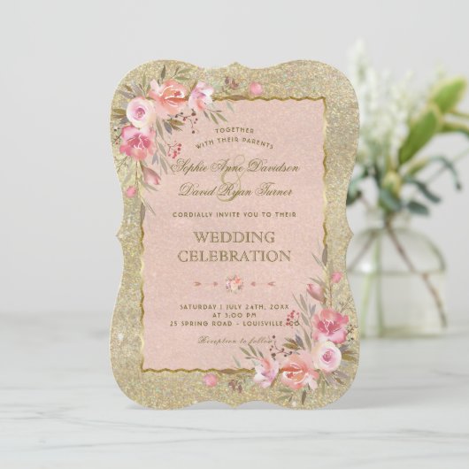 Glamoureus Gold Glitter Blush Floral Wedding Kaart (Staand voorkant)