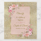 Glamoureus Gold Glitter Blush Floral Wedding Wijn Etiket (Enkel label)
