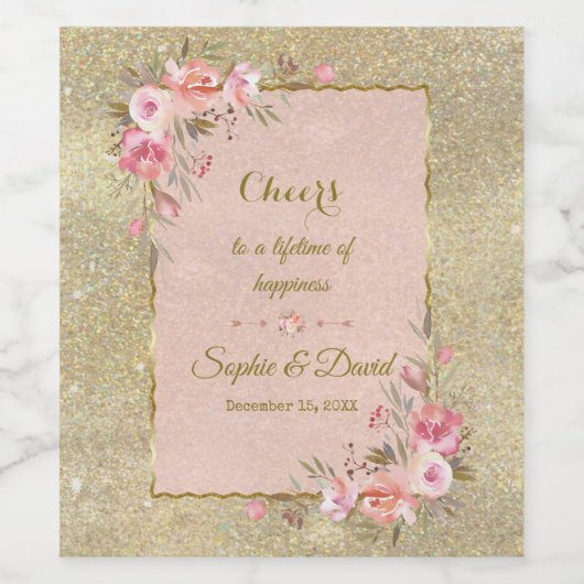 Glamoureus Gold Glitter Blush Floral Wedding Wijn Etiket (Enkel label)