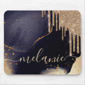 Glamoureus Gold Glitter Drip Dark Ink Script Name Muismat (Voorkant)