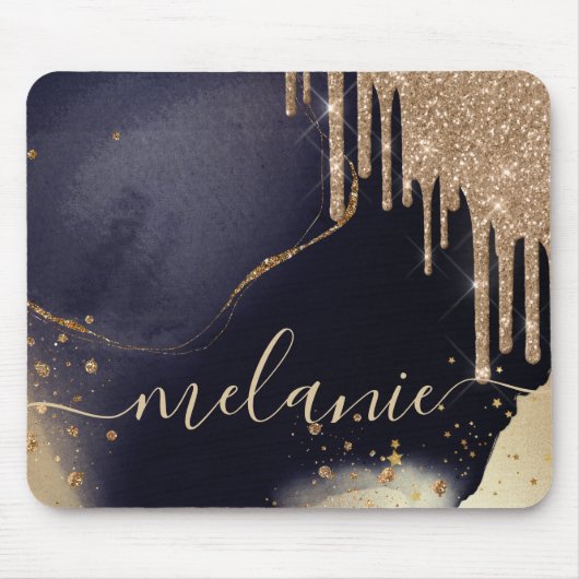 Glamoureus Gold Glitter Drip Dark Ink Script Name Muismat (Voorkant)