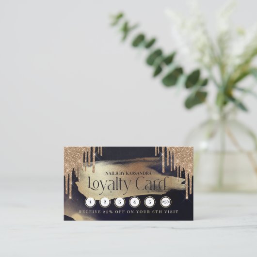 Glamoureus Gold Glitter Drip Navy & Gold Loyalty Visitekaartje (Staand voorkant)