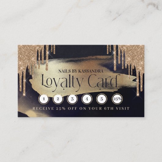 Glamoureus Gold Glitter Drip Navy & Gold Loyalty Visitekaartje (Voorkant)