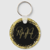 Glamoureus Gold Glitter Monogram Naam zwart Sleutelhanger (Voorkant)