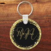 Glamoureus Gold Glitter Monogram Naam zwart Sleutelhanger (Voorkant)