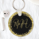 Glamoureus Gold Glitter Monogram Naam zwart Sleutelhanger<br><div class="desc">Pas deze luxe glazen goudglitter sleutelhanger eenvoudig aan met uw eigen naam en monogram.</div>