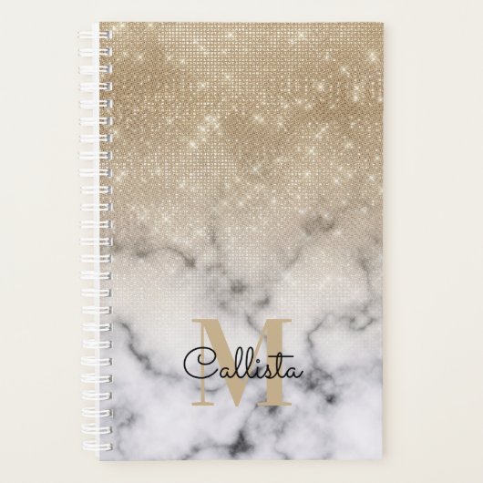 Glamoureus Gold Glitter White Marble Ombre Monogra Planner (Voorkant)