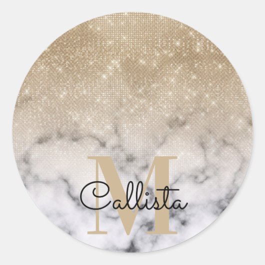 Glamoureus Gold Glitter White Marble Ombre Monogra Ronde Sticker (Voorkant)