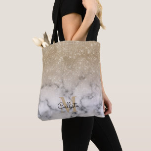 Glamoureus Gold Glitter White Marble Ombre Monogra Tote Bag
