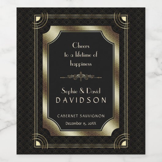 Glamoureus Gold Great Gatsby Black Art Deco Weddin Wijn Etiket (Enkel label)