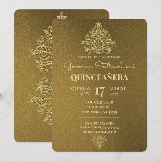 Glamoureus Gold Quinceañera Party Invitation Kaart (Voorkant / Achterkant)