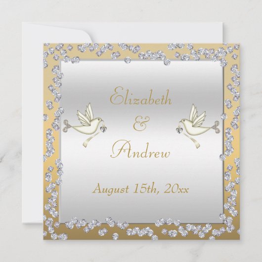Glamoureus Gold & Silver Diamonds & Doves Wedding Kaart (Voorkant)