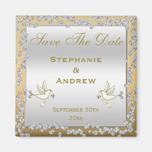 Glamoureus Gold & Silver Diamonds & Doves Wedding Magneet