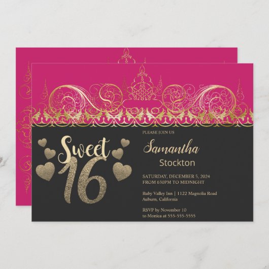 Glamoureus Gold Sweet 16 Uitnodiging (Voorkant / Achterkant)