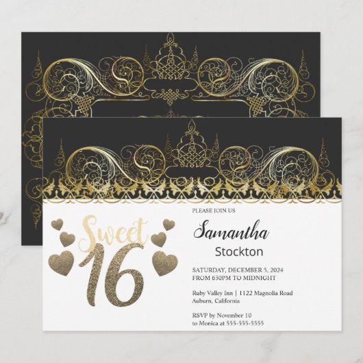 Glamoureus Gold Sweet 16 Uitnodiging (Voorkant / Achterkant)