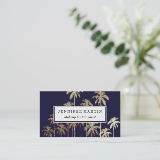 Glamoureus Gold Tropical Palm Trees Navy Blue Visitekaartje (Staand voorkant)