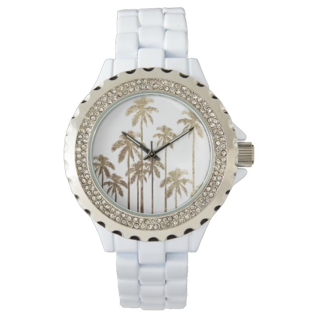 Glamoureus Gold Tropical Palm Trees op wit Horloge (Voorkant)
