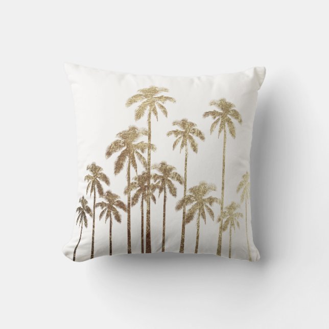 Glamoureus Gold Tropical Palm Trees op wit Kussen (Voorkant)