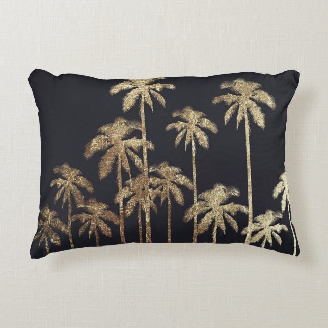 Glamoureus Gold Tropical Palm Trein op zwart Decoratief Kussen (Voorkant)