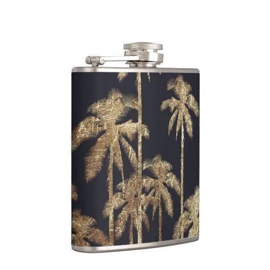 Glamoureus Gold Tropical Palm Trein op zwart Heupfles (Rechts)