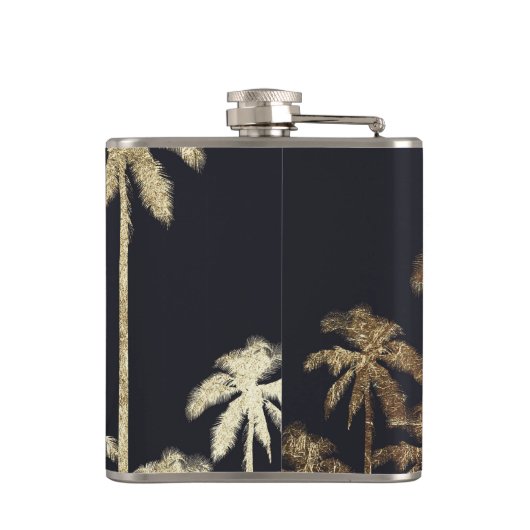 Glamoureus Gold Tropical Palm Trein op zwart Heupfles (Achterkant)