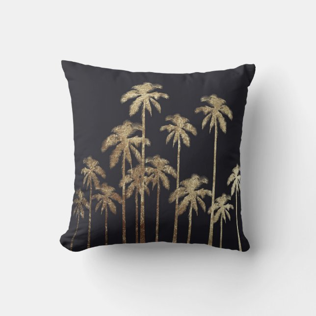 Glamoureus Gold Tropical Palm Trein op zwart Kussen (Voorkant)
