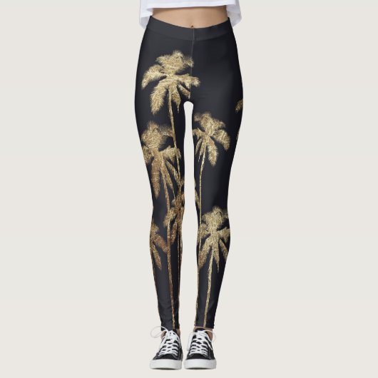Glamoureus Gold Tropical Palm Trein op zwart Leggings (Voorkant)