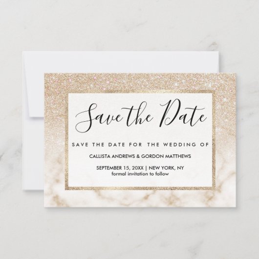 Glamoureus Gold White Glitter Marmer Gradient Ombr Save The Date (Voorkant)
