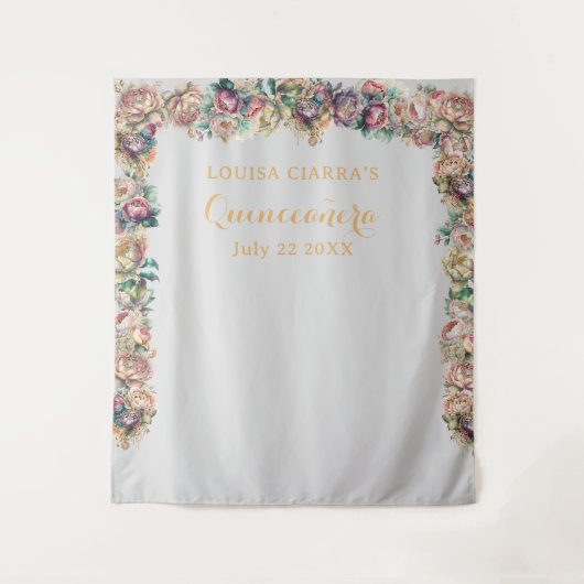 Glamoureus Goud Diamant Bloemen Quinceanera Wandkleed (Voorkant)