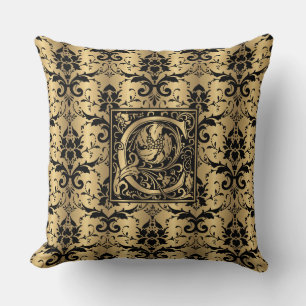 Glamoureus Goud en zwart Damast Print Monogram C Kussen