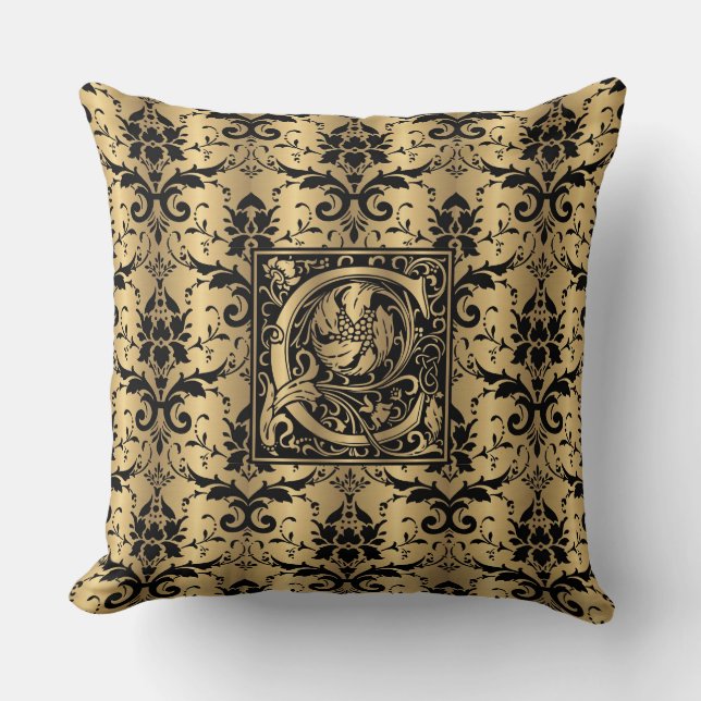 Glamoureus Goud en zwart Damast Print Monogram C Kussen (Voorkant)