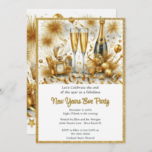 Glamoureus goud op het witte oudejaarsfeest kaart (Voorkant / Achterkant)