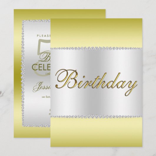 Glamoureus Goud, Zilver & Pareltjes Verjaardag Kaart (Voorkant / Achterkant)