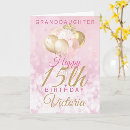 Glamoureus Granddochter 15th Birthday Balloon Kaart (Gele Bloem)