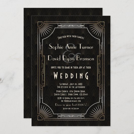 Glamoureus Great Gatsby Gold Art Deco Wedding Kaart (Voorkant / Achterkant)