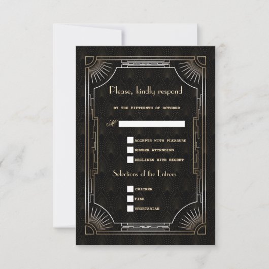 Glamoureus Great Gatsby Gold Art Deco Wedding RSVP Kaartje (Voorkant)